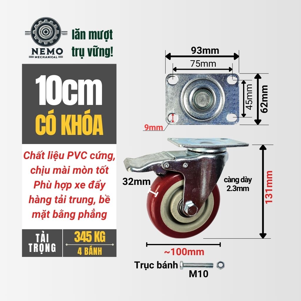 Bánh Xe Đẩy PVC Đỏ Mận – Càng Thép Dày 2.3mm (D75, D100, D125)